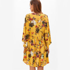 Yellow Summer Floral V Neck Boho Dress