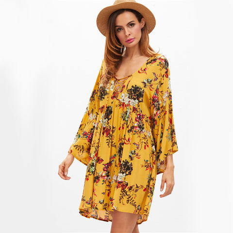 Yellow Summer Floral V Neck Boho Dress