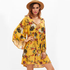 Yellow Summer Floral V Neck Boho Dress