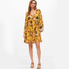 Yellow Summer Floral V Neck Boho Dress