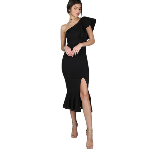Black One Shoulder Frill Mermaid Dress