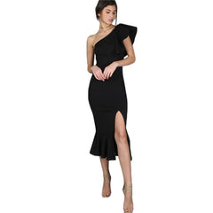 Black One Shoulder Frill Mermaid Dress