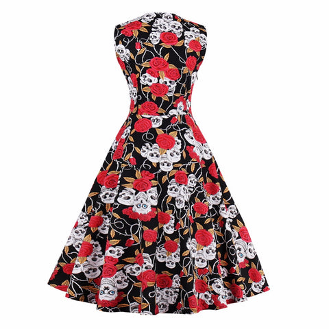 Skull Head Roses Tattoo V-Neck Dress