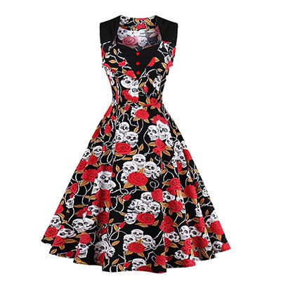 Skull Head Roses Tattoo V-Neck Dress