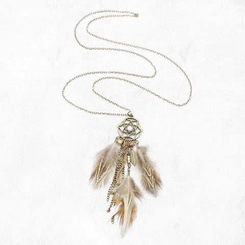 Long Dreamcatcher Feather Wings Necklace