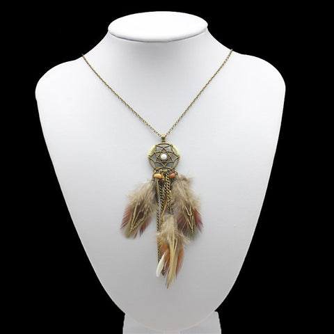 Long Dreamcatcher Feather Wings Necklace