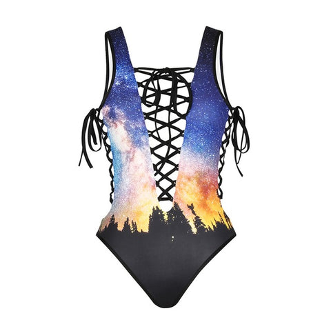 3D Skull Red Rose Printed Swimsuit