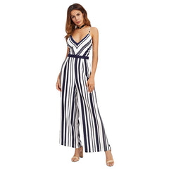 V neck Backless Striped Boho Jumpsuit