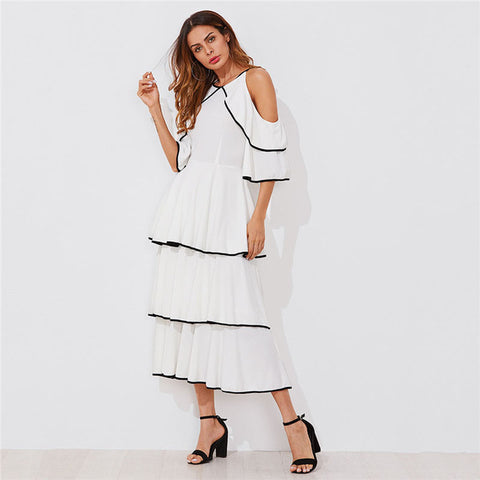 Open Shoulder Tiered Fishtail Dress