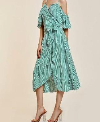 Mid-calf green striped Fishtail Dress