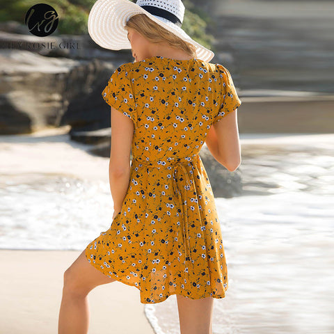 Yellow V-neck Boho Dress