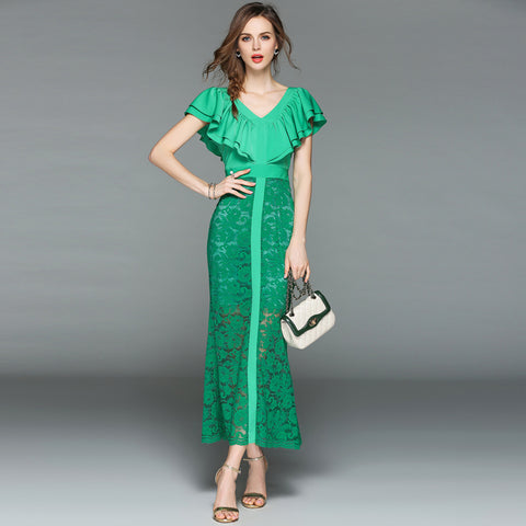 Ruffled Patchwork Lace Fishtail Dress