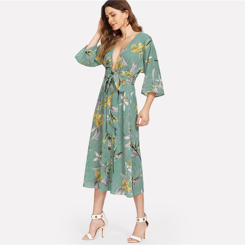 Multicolor V Neck Boho Dress