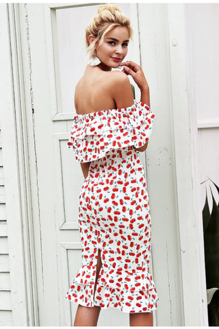 Shoulder off Print Cherry Mermaid Dress