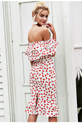 Shoulder off Print Cherry Mermaid Dress