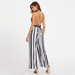 V neck Backless Striped Boho Jumpsuit