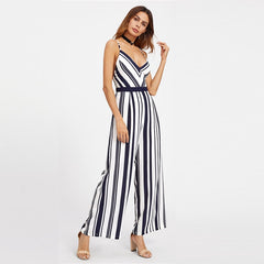 V neck Backless Striped Boho Jumpsuit