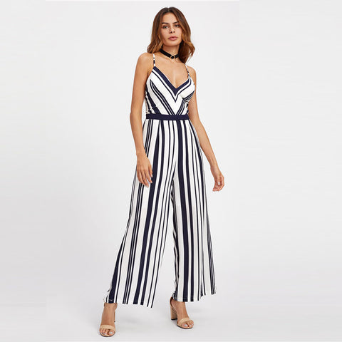 V neck Backless Striped Boho Jumpsuit