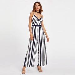 V neck Backless Striped Boho Jumpsuit