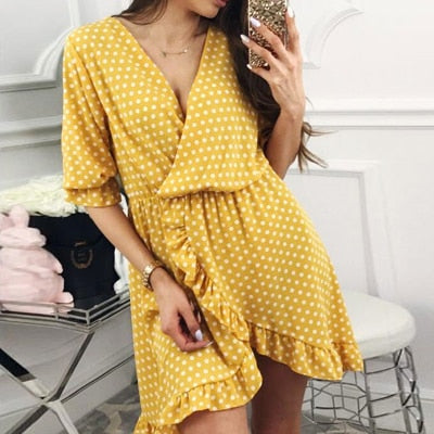 Elagant Ruffles Polka Dot Print Boho Dress